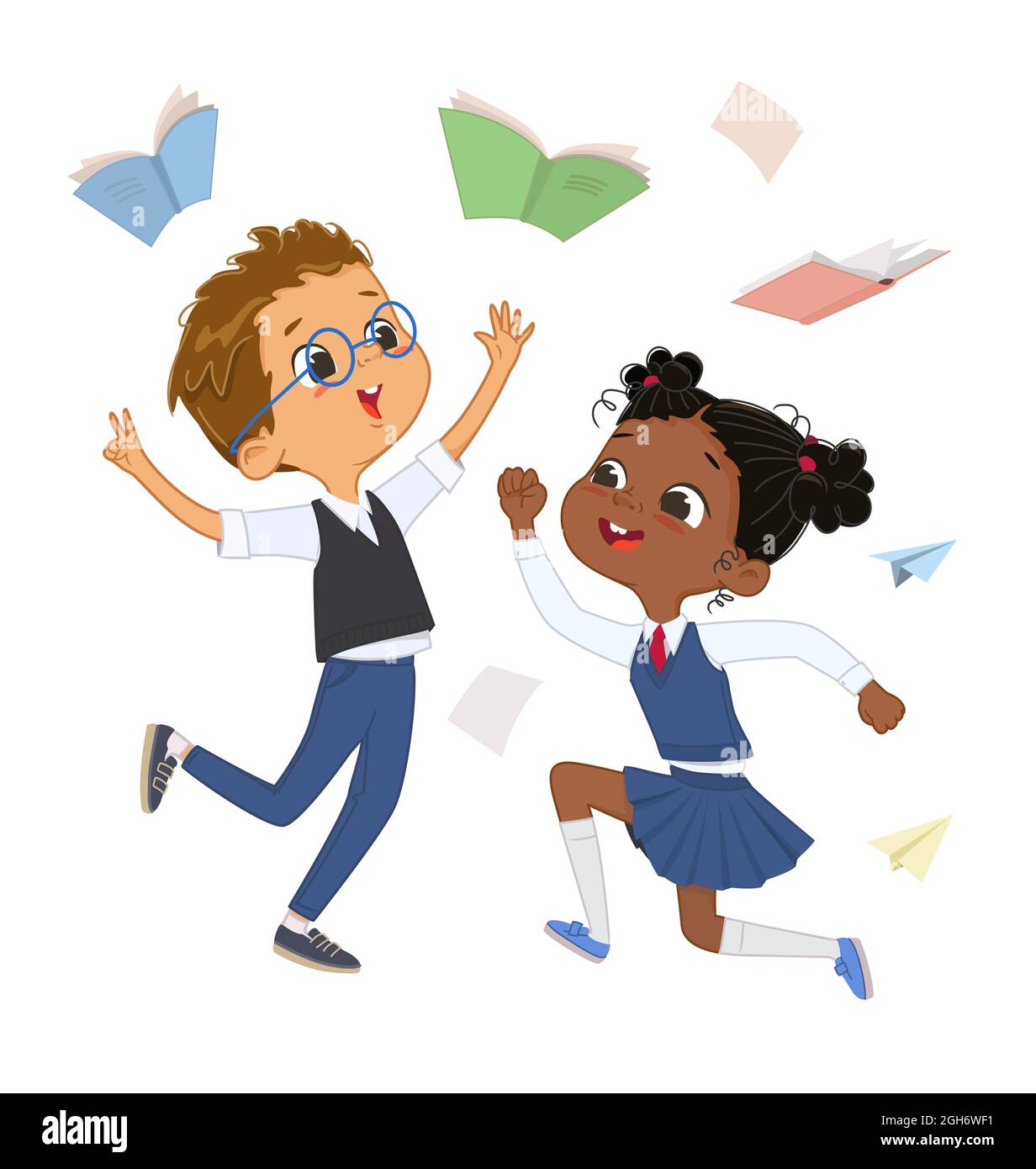 Joyful diversity kids classmates in school uniform jumping surrounded by flying books and notebooks vector flat illustration. Cute funny multiracial Stock Vector
