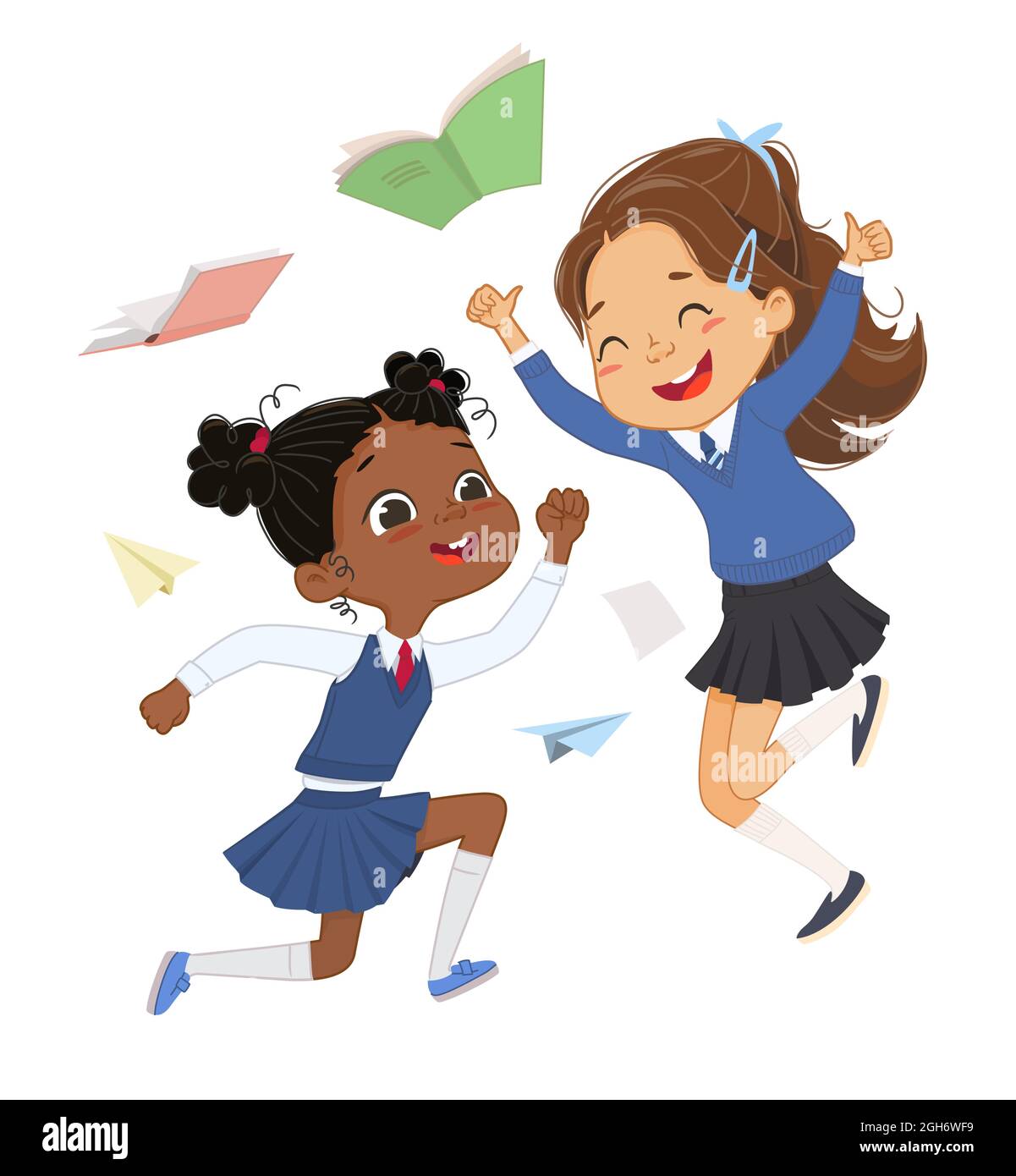 Two diverse elementary classmates in school uniform jumping surrounded by flying notebooks and paper books vector flat illustration. Multiracial Stock Vector