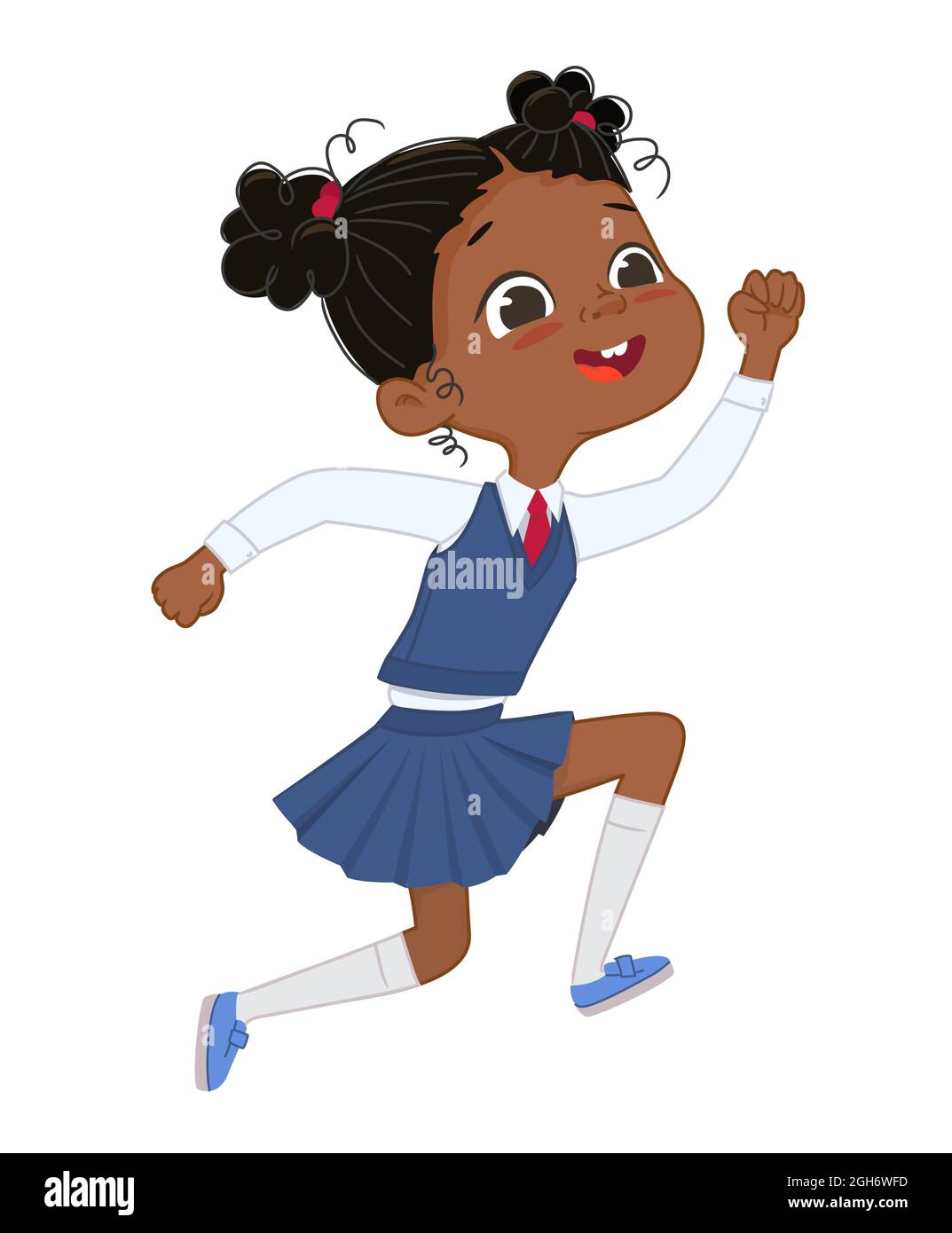 Adorable dark skin funny schoolgirl in uniform running jumping rejoicing vacation break vector flat illustration. Happy Asian African baby girl Stock Vector