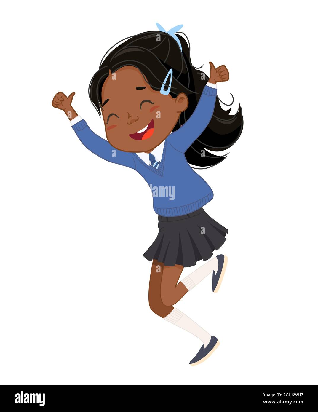 Adorable happy dark skin elementary schoolgirl jumping rejoicing with cool thumbs up gesture vector flat illustration. Smiling Asian African brunette Stock Vector