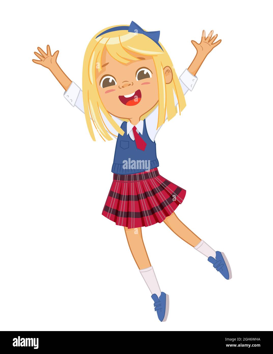 Happy blonde European schoolgirl wearing school uniform jumping rejoicing having fun vector flat illustration. Smiling primary pupil female kid in Stock Vector