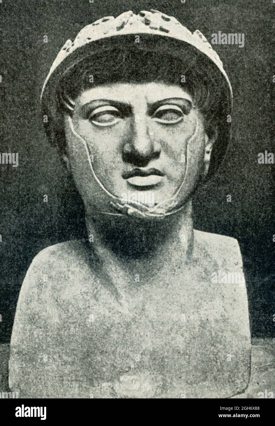 This 1910 photo shows the bust of Pyrrhus that is housed in the museum in Naples. Pyrrhus is best known for the Battle of Heraclea in 280 B.C. The battle was fought between the Romans and Greeks. The Greeks were headed by Pyrrhus, the king of Epirus (a coastal region that lies between northwestern Greece and southern Albania). While Pyrrhus won, both sides lost thousands in the battle, and is said to be one of his earliest Pyrrhic victories. Heraclea was a city in Magna Graecia, in the instep of Italy. Stock Photo