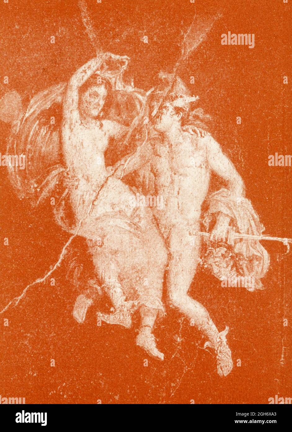 This 1910 illustration shows a wall painting uncovered in Pompeii of Perseus and Andromeda. According to Greek mythology, Andromeda was the daughter of Ethiopian rulers Cepheus and Cassiopeia. The god of the sea Poseidon was so angered that Cassiopeia claimed Andromeda was more beautiful than the sea nymphs known as the Nereids that he ordered a sea monster to ravage Ethiopia. It would only be appeased if Andromeda was sacrificed to it. The Greek hero Perseus rescued her—seen here in this painting. Stock Photo