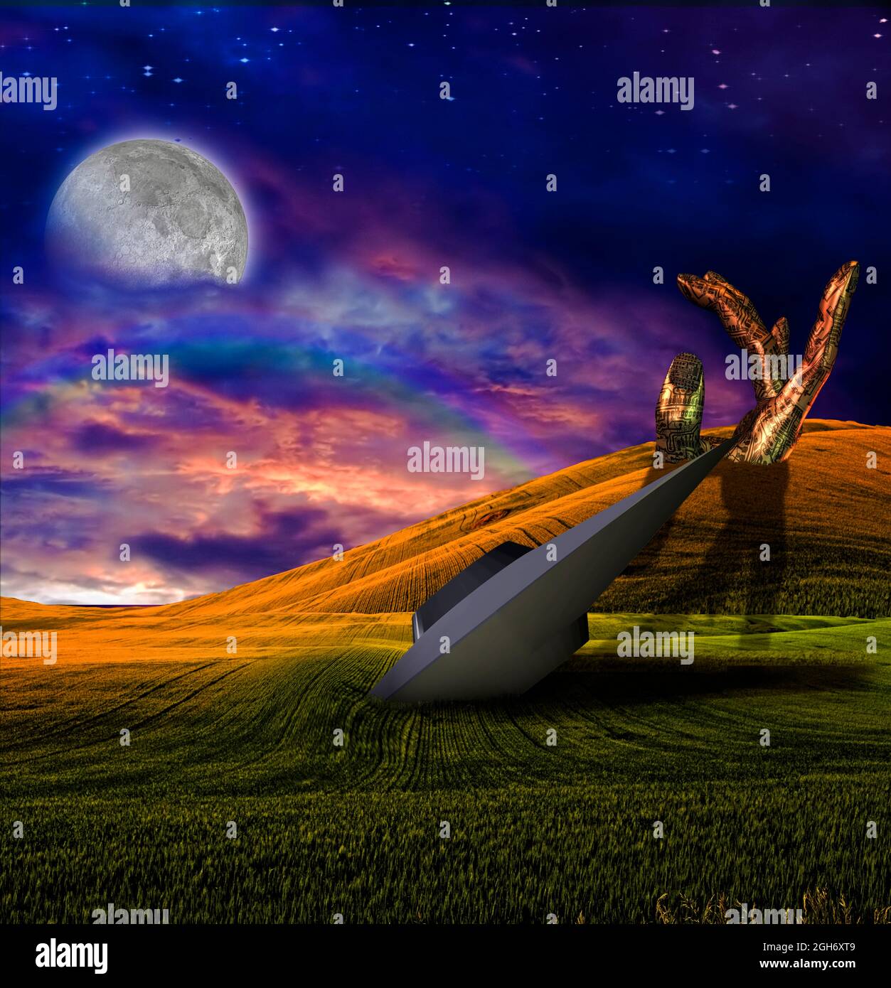 UFO crash and giant bionic hand with electronic circuit patterns. 3D ...