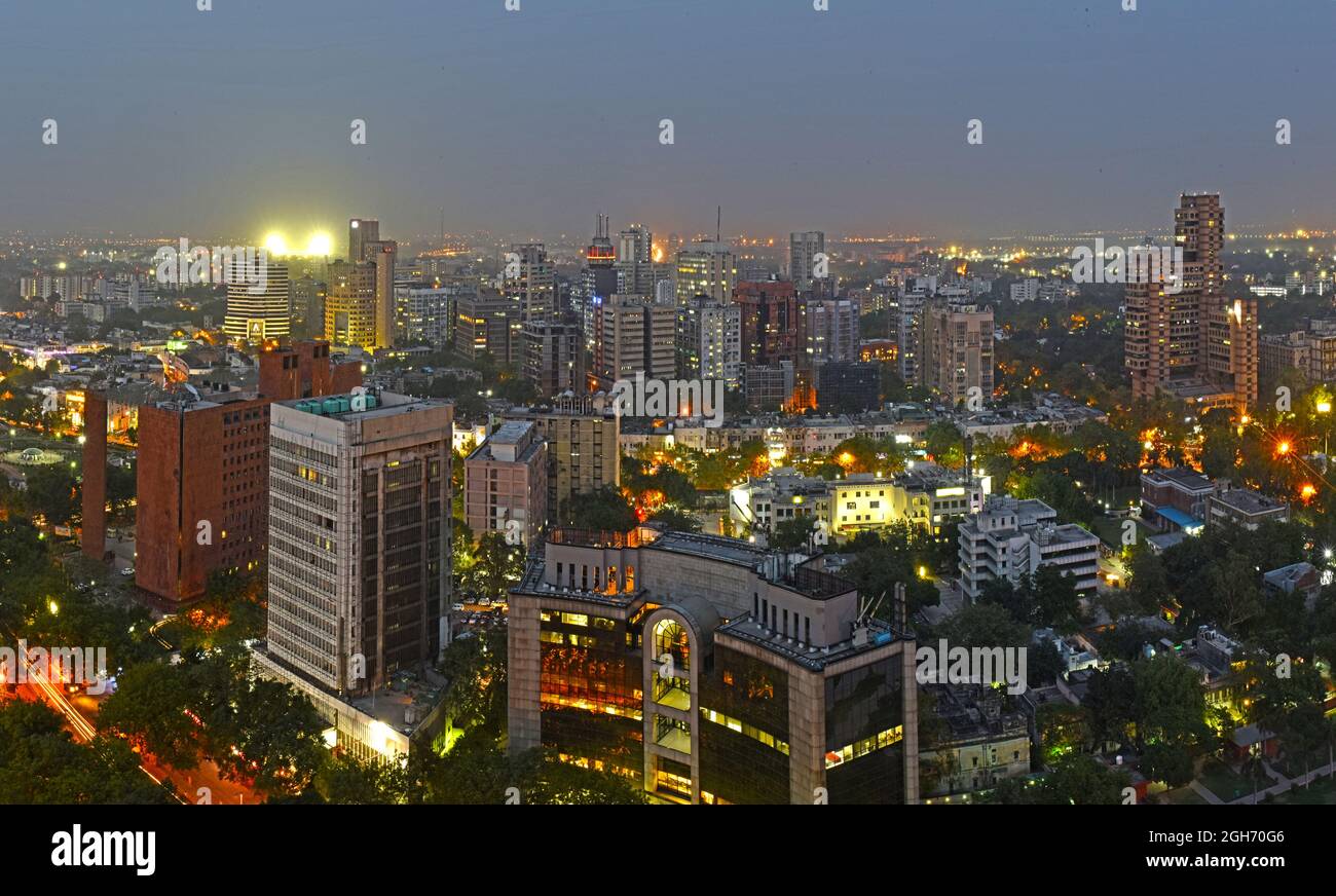 Panoramic Aerial Evening View with the lighting of Central New Delhi Stock Photo Alamy