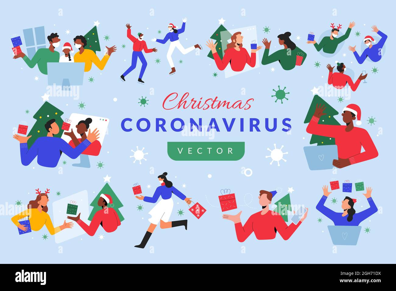 Covid Christmas, people celebrating distantly, making video calls on Christmas eve, doing shopping, wearing face masks, making online parties  Stock Vector