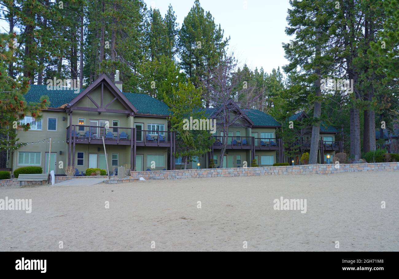 INCLINE VILLAGE, NV –11 APR 2021- View of the Hyatt Regency Lake Tahoe Resort, Spa and Casino, a waterfront resort on the shore of Lake Tahoe on the N Stock Photo
