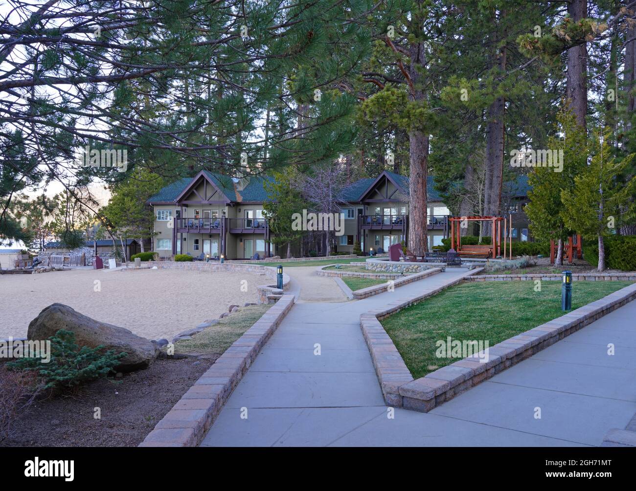 INCLINE VILLAGE, NV –11 APR 2021- View of the Hyatt Regency Lake Tahoe Resort, Spa and Casino, a waterfront resort on the shore of Lake Tahoe on the N Stock Photo