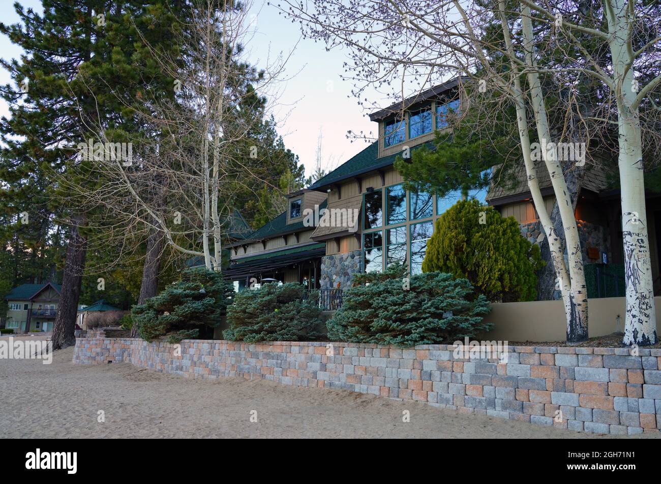 INCLINE VILLAGE, NV –11 APR 2021- View of the Hyatt Regency Lake Tahoe Resort, Spa and Casino, a waterfront resort on the shore of Lake Tahoe on the N Stock Photo