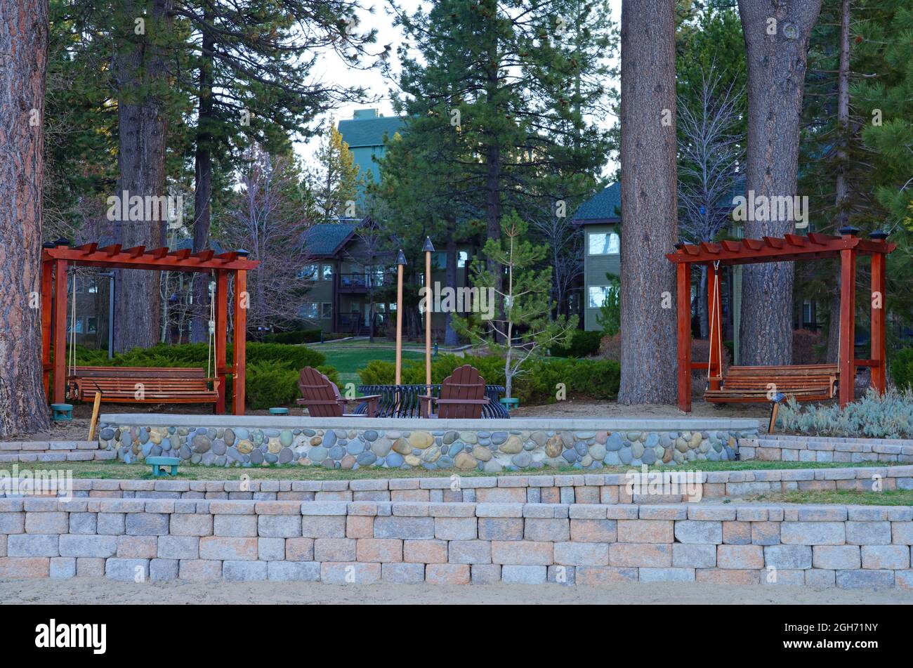 INCLINE VILLAGE, NV –11 APR 2021- View of the Hyatt Regency Lake Tahoe Resort, Spa and Casino, a waterfront resort on the shore of Lake Tahoe on the N Stock Photo