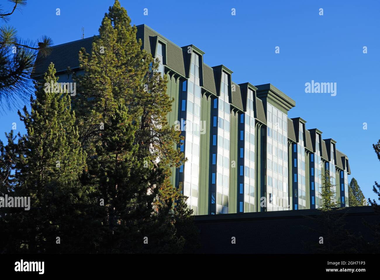 INCLINE VILLAGE, NV –11 APR 2021- View of the Hyatt Regency Lake Tahoe Resort, Spa and Casino, a waterfront resort on the shore of Lake Tahoe on the N Stock Photo