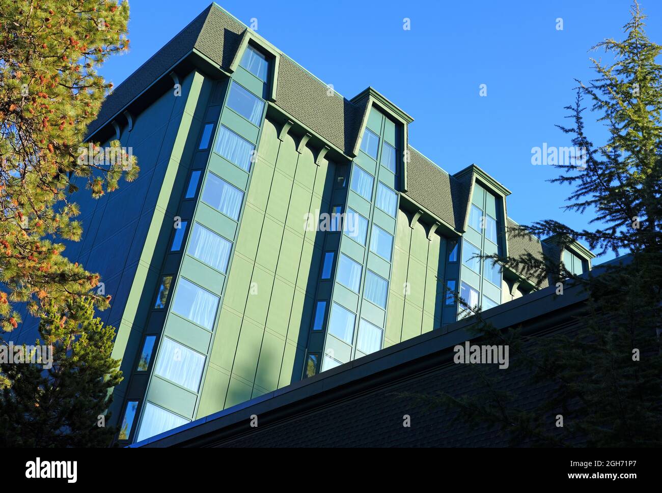 INCLINE VILLAGE, NV –11 APR 2021- View of the Hyatt Regency Lake Tahoe Resort, Spa and Casino, a waterfront resort on the shore of Lake Tahoe on the N Stock Photo
