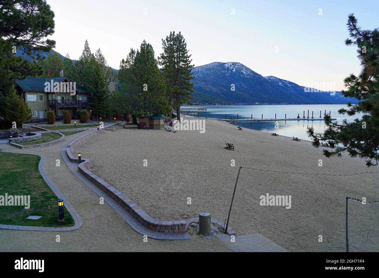INCLINE VILLAGE, NV –11 APR 2021- View of the Hyatt Regency Lake Tahoe Resort, Spa and Casino, a waterfront resort on the shore of Lake Tahoe on the N Stock Photo