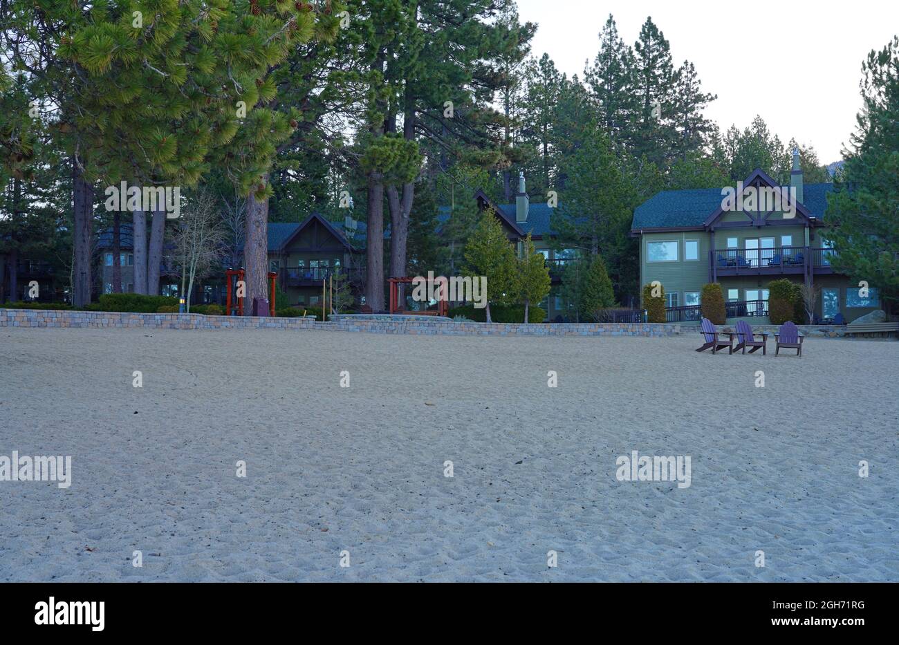 INCLINE VILLAGE, NV –11 APR 2021- View of the Hyatt Regency Lake Tahoe Resort, Spa and Casino, a waterfront resort on the shore of Lake Tahoe on the N Stock Photo