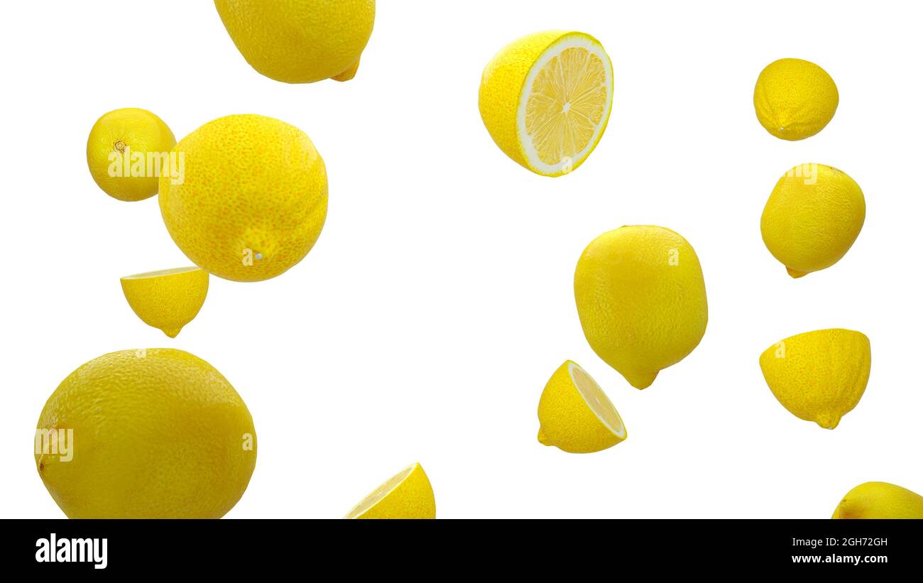 Lemons are falling into space. isolated on white background. Stock Photo