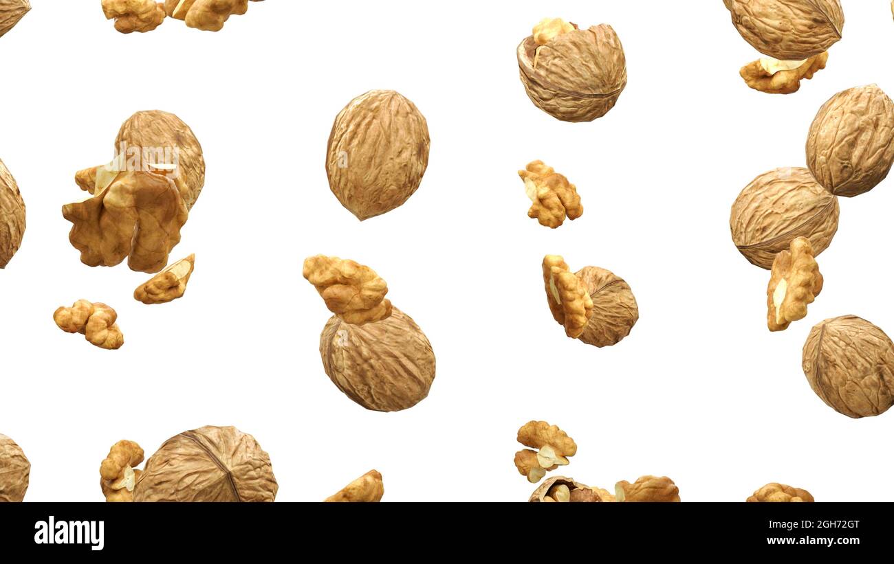 Walnuts are falling into space. isolated on white background. Stock Photo