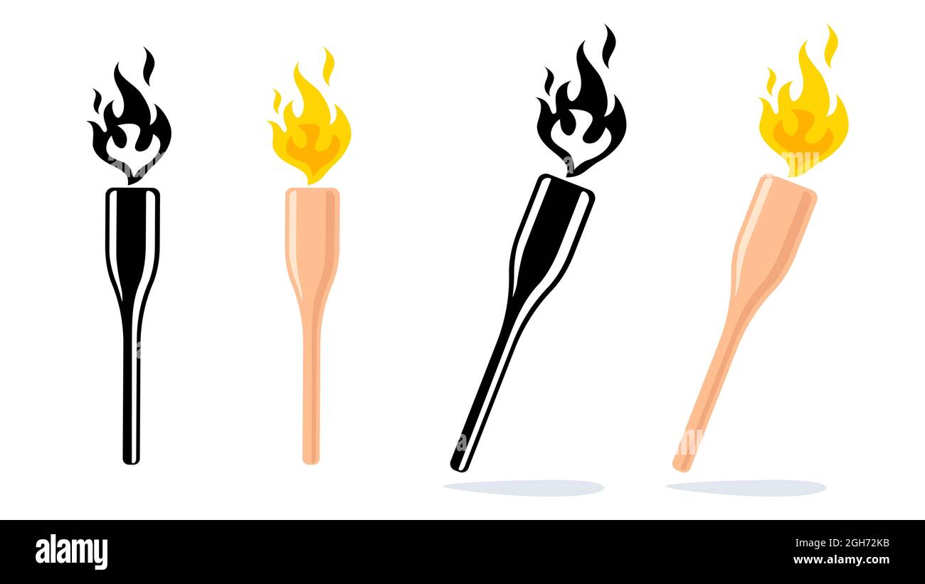Vector set icons of torch with flame. Vector icon of torch with fire. Stock Vector