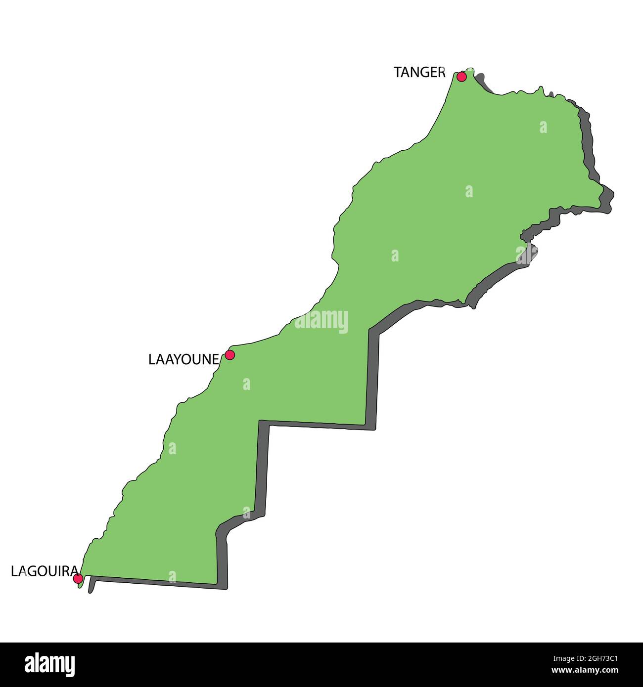 Morocco Map Green Color 3D Showing 3 Cities from North To West...Tangier to Lagouira Stock Vector