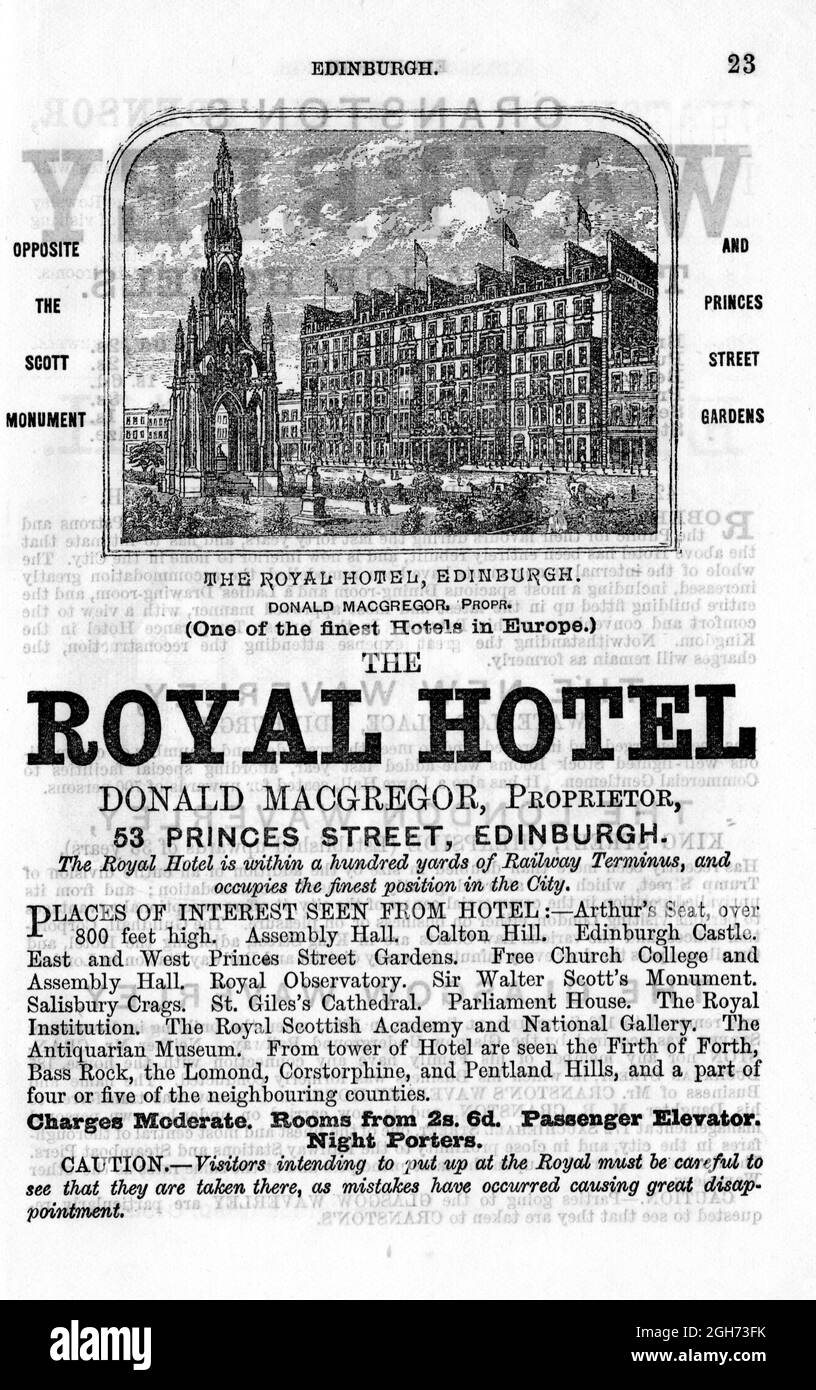 An advert and illustration of the Royal Hotel in Edinburgh Scotland, taken from a Black's Picturesque Guide published 1886 Stock Photo