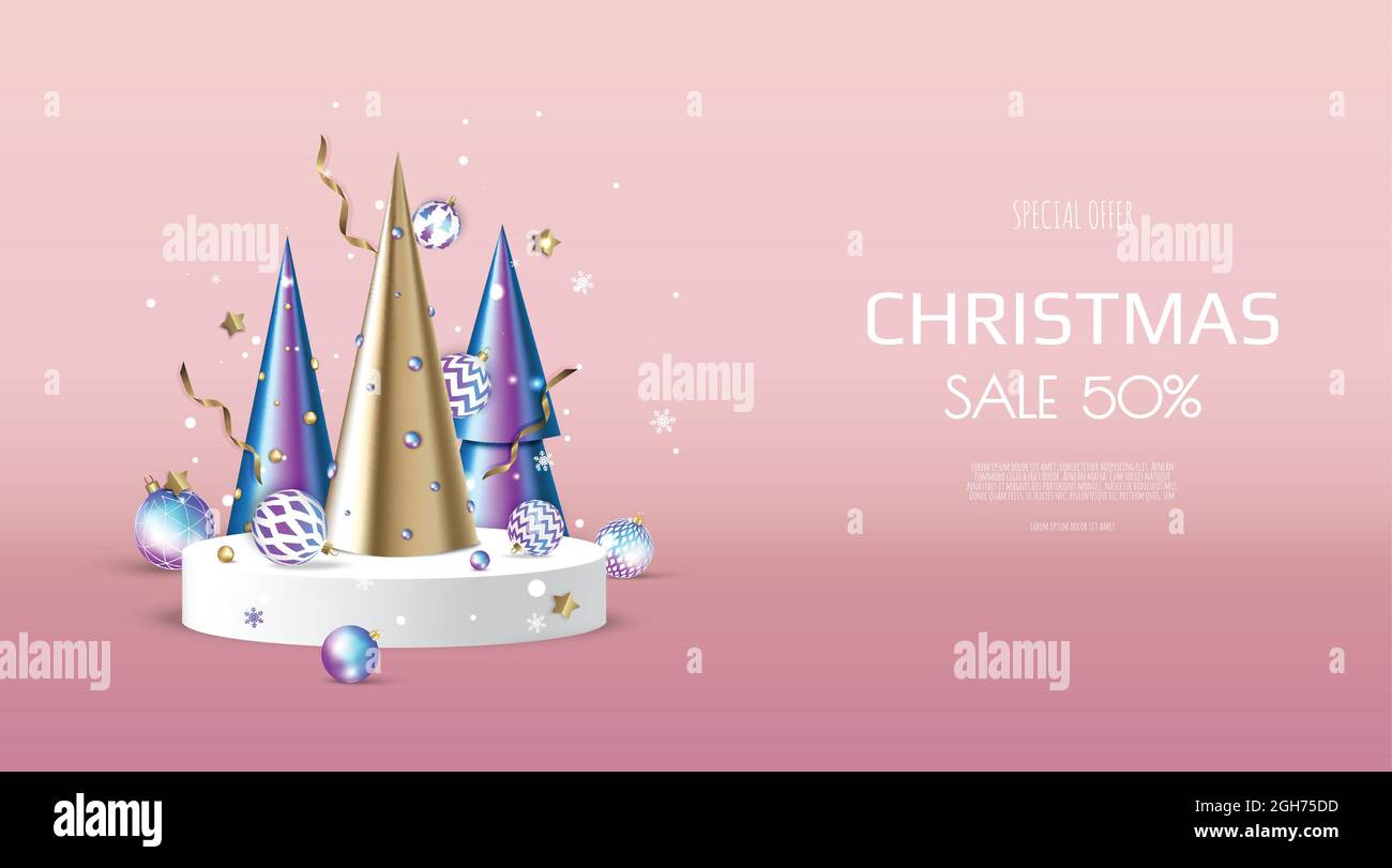 3D circle podium display with Christmas tree. Winter holiday background ...