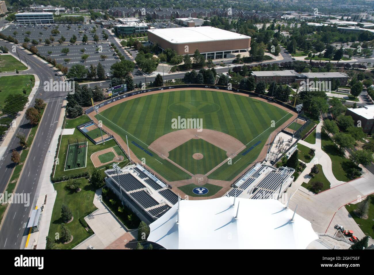 An aerial view of  Larry H. Miller Field at Miller Park on the campus of Brigham Young University, Saturday, Sept. 4, 2021, in Provo, Utah. The stadiu Stock Photo