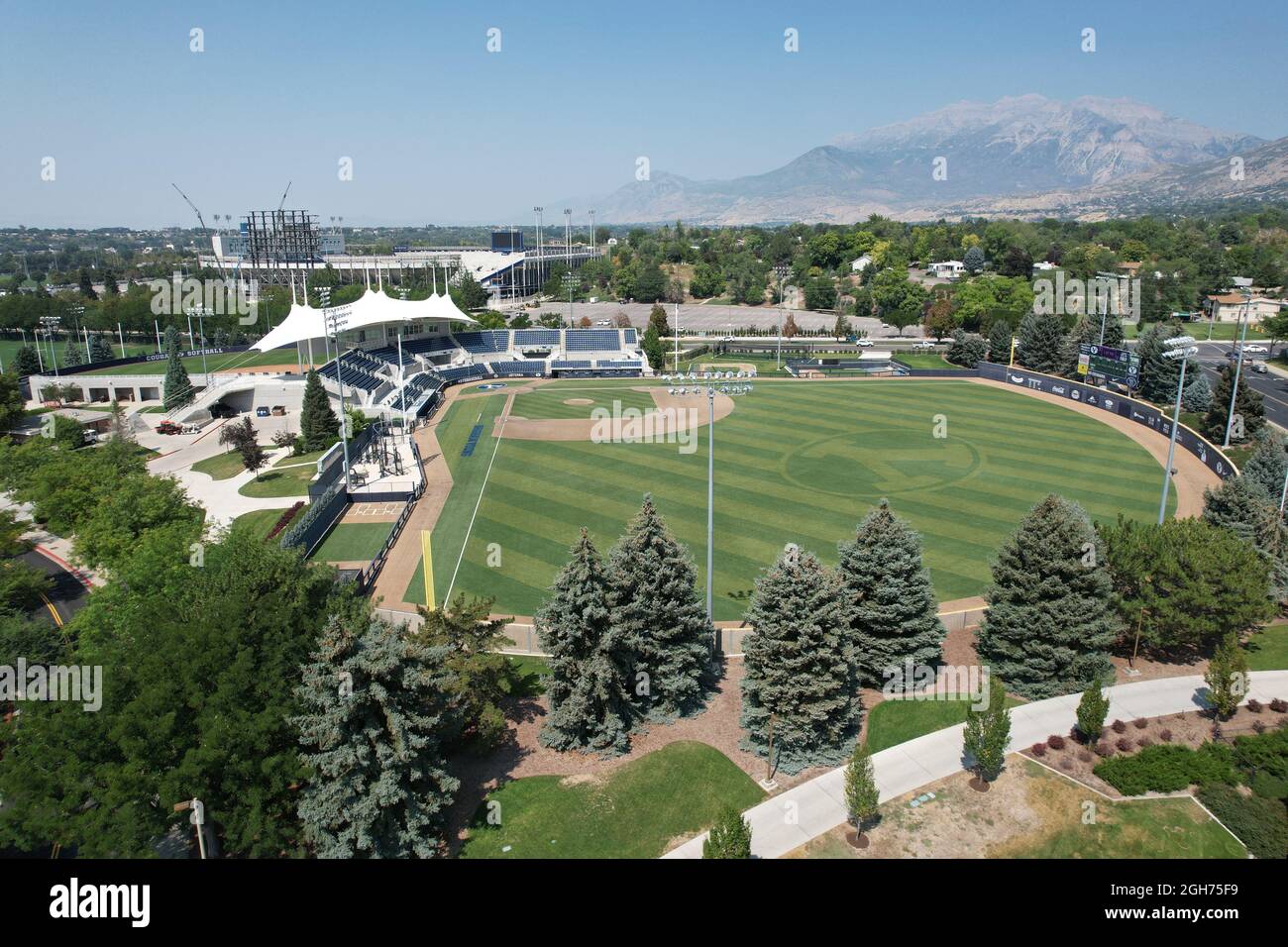 An aerial view of  Larry H. Miller Field at Miller Park on the campus of Brigham Young University, Saturday, Sept. 4, 2021, in Provo, Utah. The stadiu Stock Photo