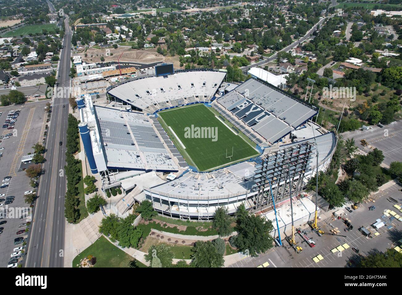 An aerial view of LaVell Edwards stadium on the campus of Brigham Young ...