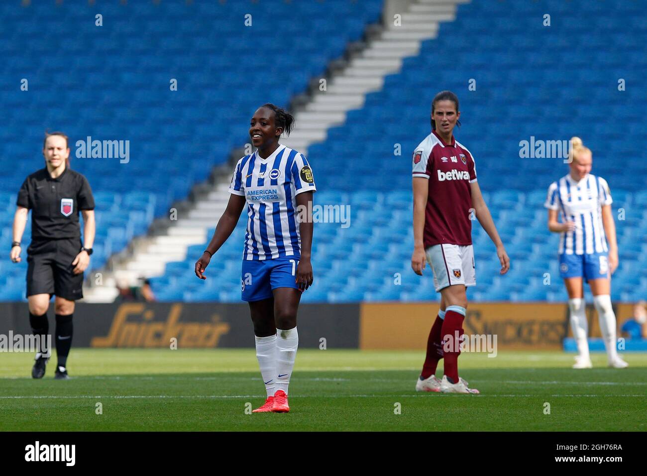 Brighton And Hove, UK. 05th Sep, 2021. Danielle Carter of Brighton & Hove Albion Women has a wry smile during the FA Women's Super League 1 match between Brighton & Hove Albion Women and West Ham United Women at the American Express Community Stadium, Brighton and Hove, England on 5 September 2021. Photo by Carlton Myrie. Editorial use only, license required for commercial use. No use in betting, games or a single club/league/player publications. Credit: UK Sports Pics Ltd/Alamy Live News Stock Photo