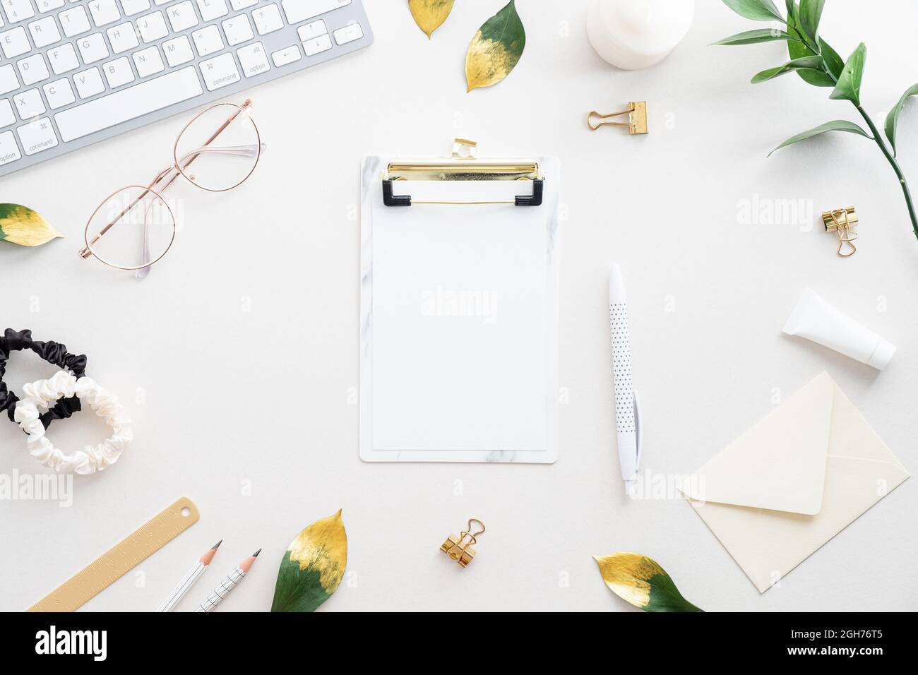 Stylish Workspace With Laptop Camera Sticky Notes Stock