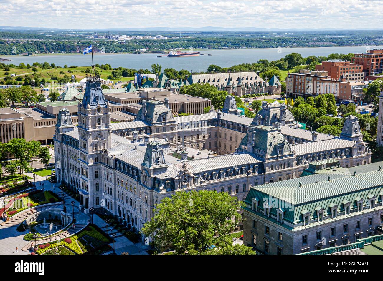 Quebec Canada,St. Lawrence River,Hotel du Parlement Parliament building government,aeriaal overhead view from above Stock Photo