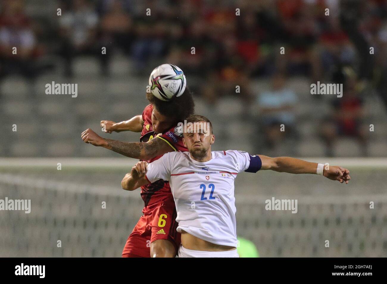 Brussels, Belgium. 5th Sep, 2021. Axel Witsel (L) of Belgium vies with Tomas Soucek of the Czech Republic for a header during the FIFA World Cup 2022 European qualifying round group E match between Belgium and the Czech Republic in Brussels, Belgium, Sept. 5, 2021. Credit: Zheng Huansong/Xinhua/Alamy Live News Stock Photo