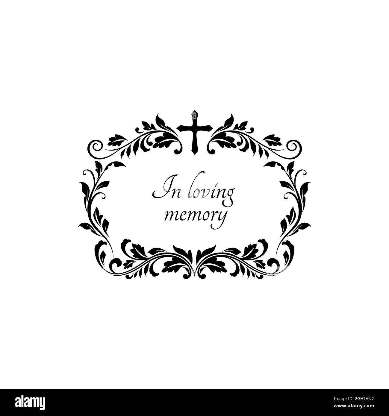 In loving memory inscription on tombstone, floral border frame with vintage flowers isolated black ornamental border. Vector floral ornament and cruci Stock Vector