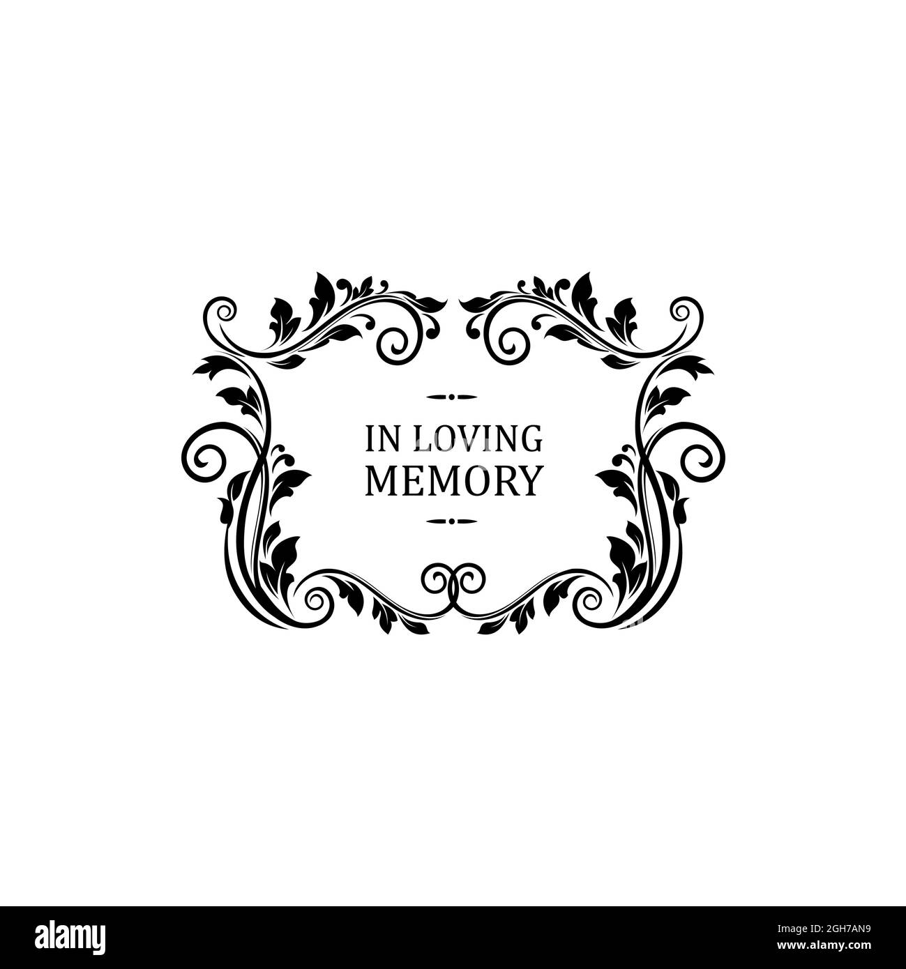 Condolence message in loving memory lettering isolated. Vector funeral memorial calligraphy, inscription on tombstone, floral border frame with vintag Stock Vector