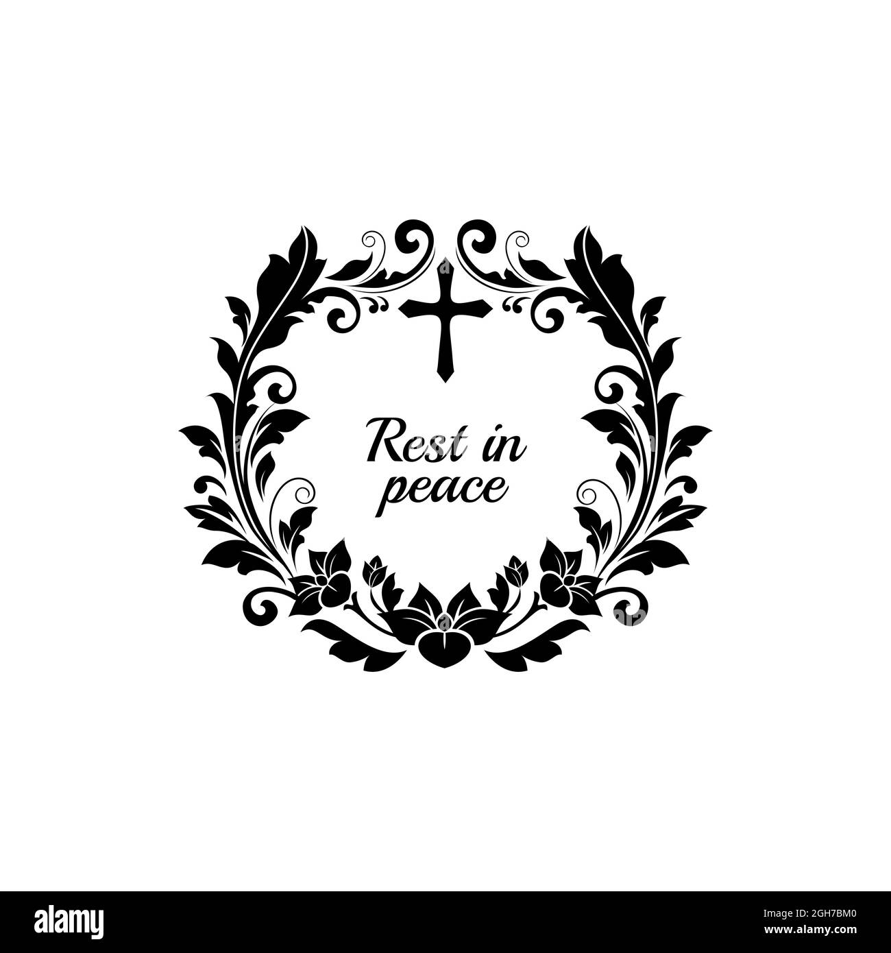 Funeral card, vector vintage condolence floral wreath with flowers, cross and flourishes. Obituary text rest in peace retro frame, obsequial memorial, Stock Vector