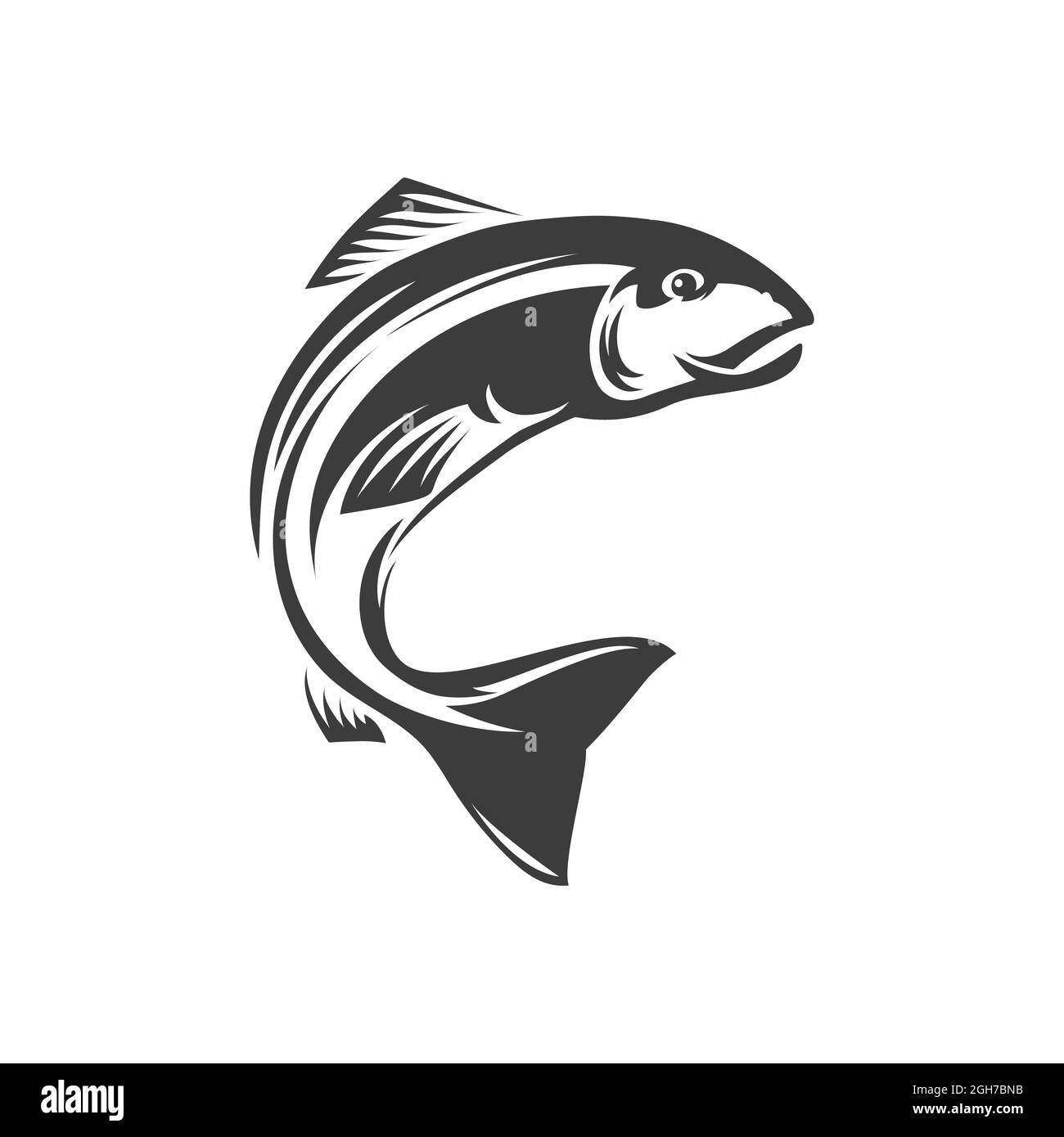 Salmon ray-finned underwater animal freshwater fish isolated monochrome icon. Vector seafood, marine food diet fish. Fishery mascot, trout fish grayli Stock Vector