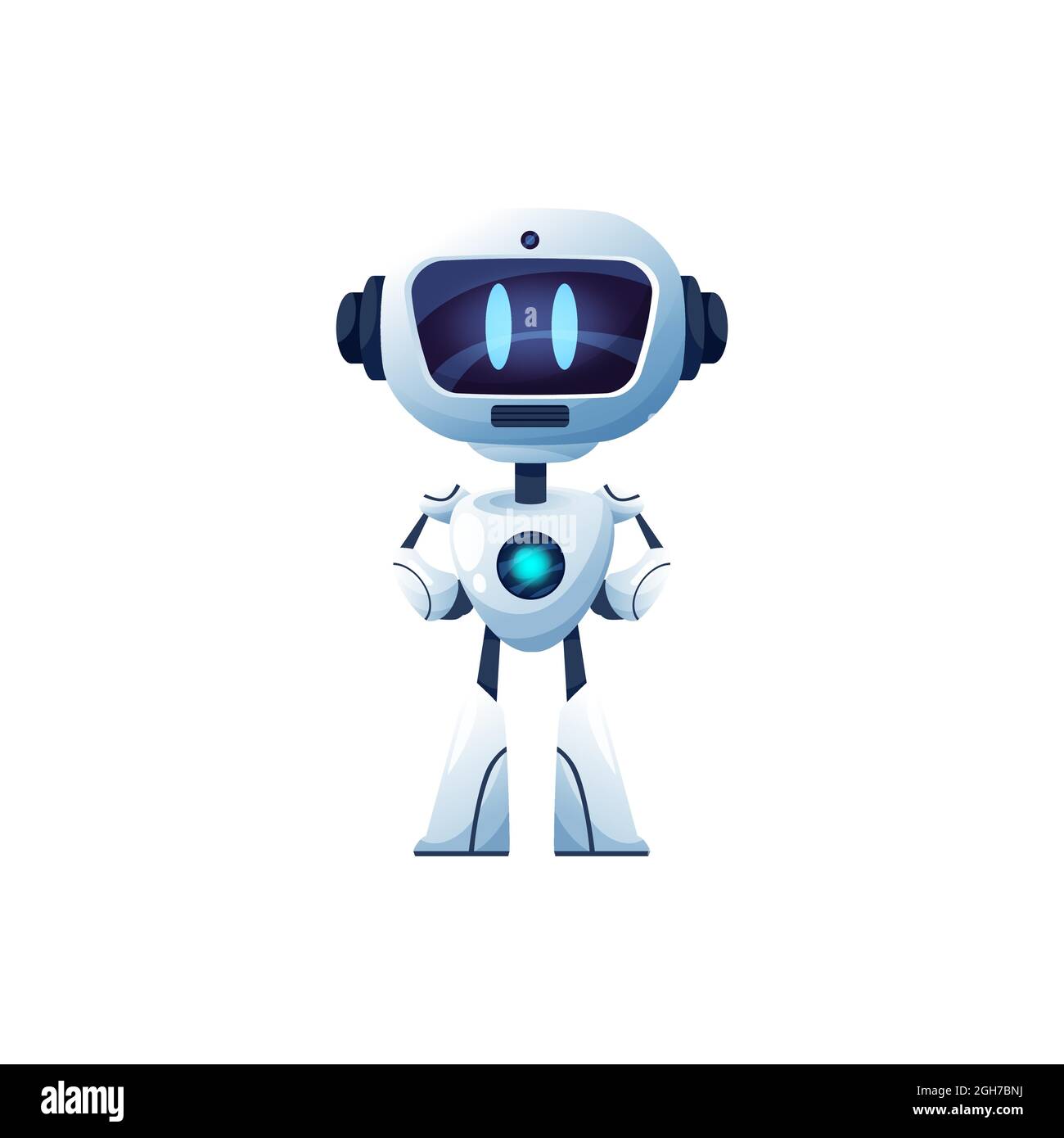 Cartoon robot vector cyborg, toy or bot character, artificial intelligence technology. Friendly ai humanized robot with arms akimbo and digital glow f Stock Vector