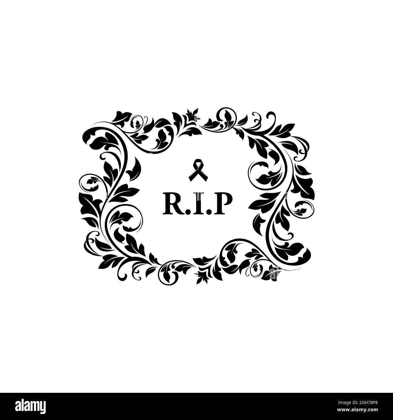 Funeral and obituary condolence card with flowers and RIP message, vector grief floral wreath. Funeral and death memory black banner for memorial cere Stock Vector