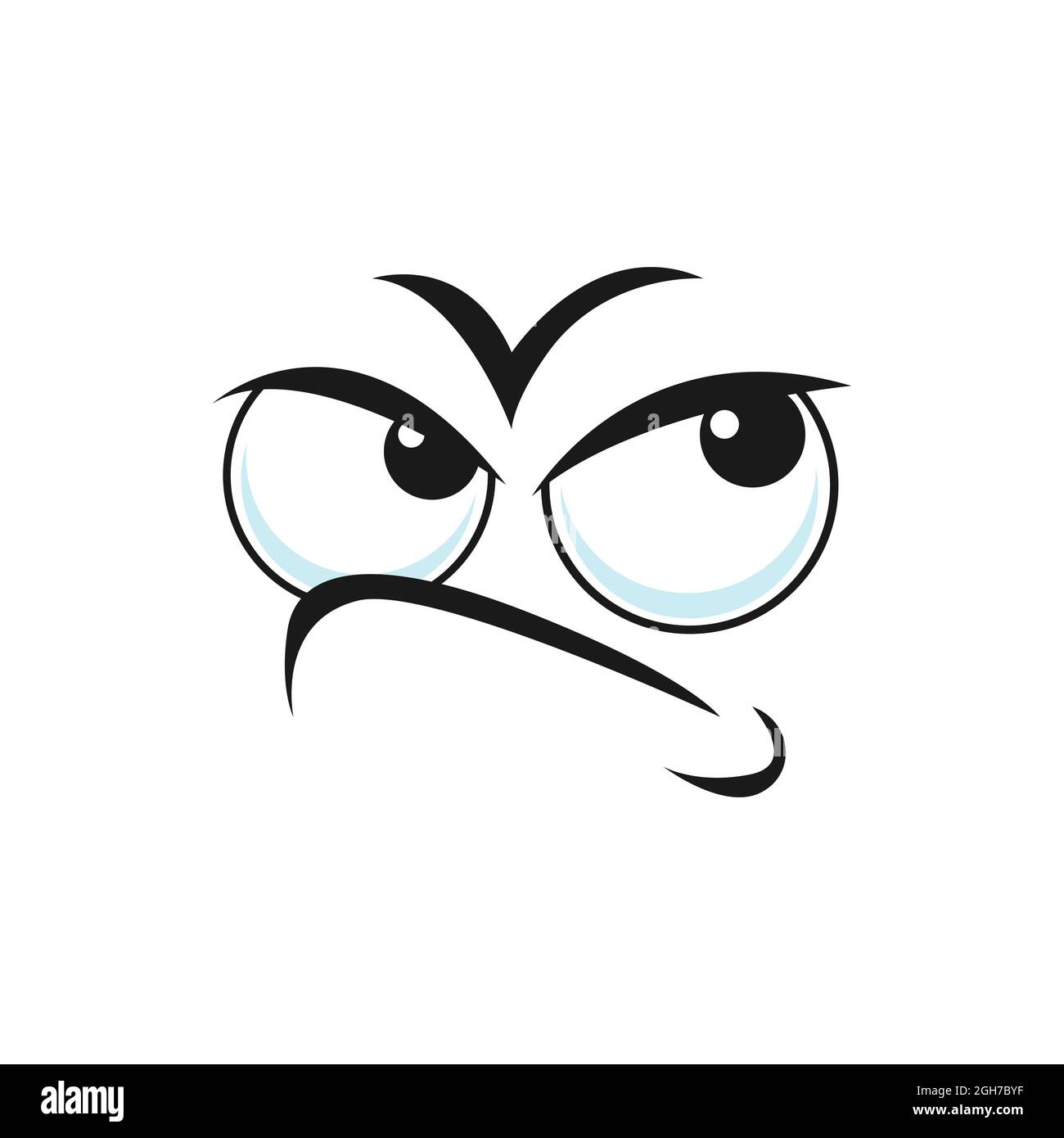 Suspicious emoticon with angry face isolated icon. Vector distrustful emoji with big eyes curved smile, doubtful or questioned smiley line art. Angry Stock Vector