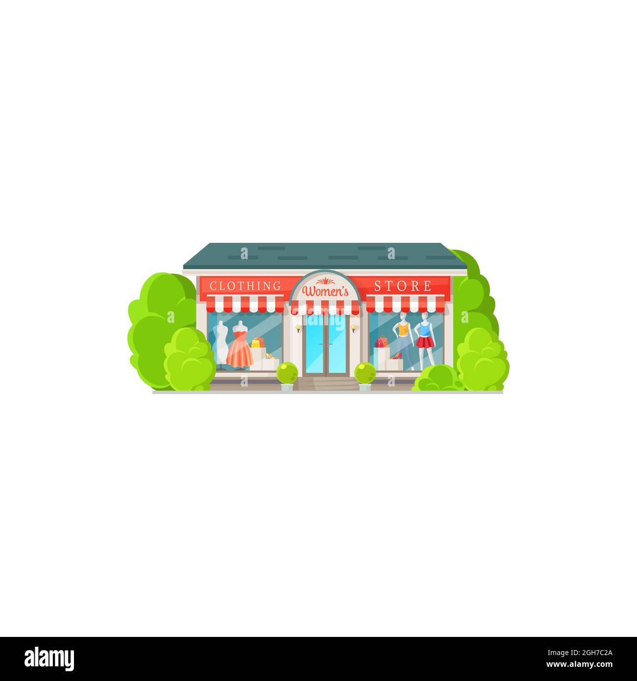 Shop facade exterior women clothing store isolated building flat cartoon design. Vector boutique or mall storefront with trees. Bright colorful facade Stock Vector