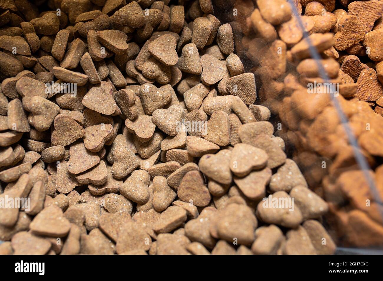 Bulk bin dog treats at a pet store. Bin full ofdog biscuit treats. Stock Photo