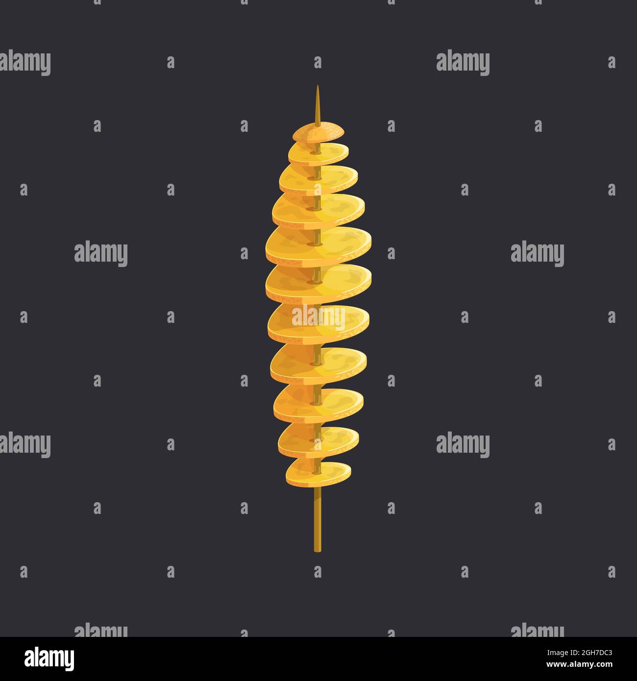 Tornado potato on skewer isolated fried salt chips icon. Vector swirls of potatoes on wooden stick. Salty chips, french fries takeaway street food, ta Stock Vector