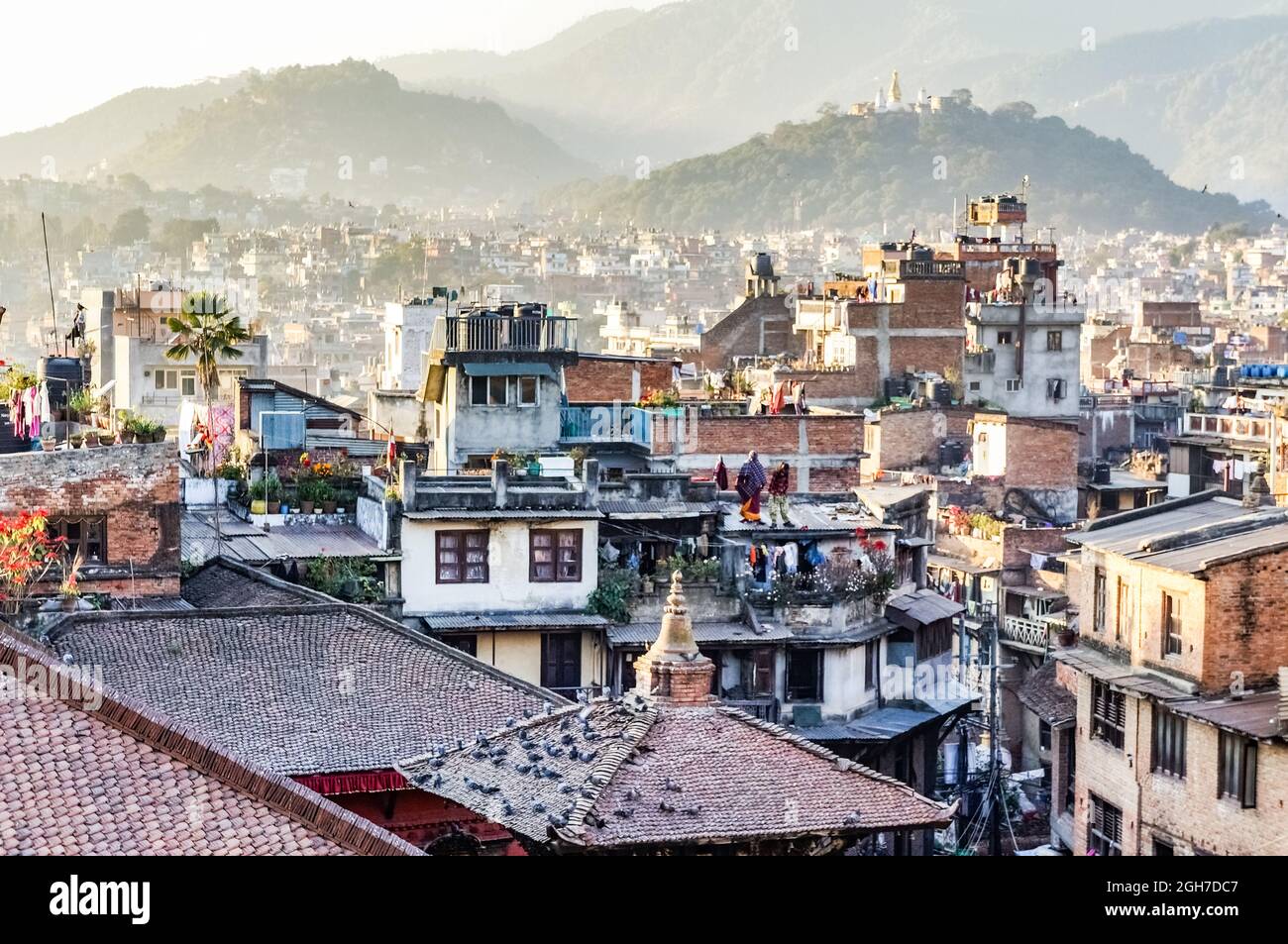 The skyline of Kathmandu city, with Swayambhu hill on the background