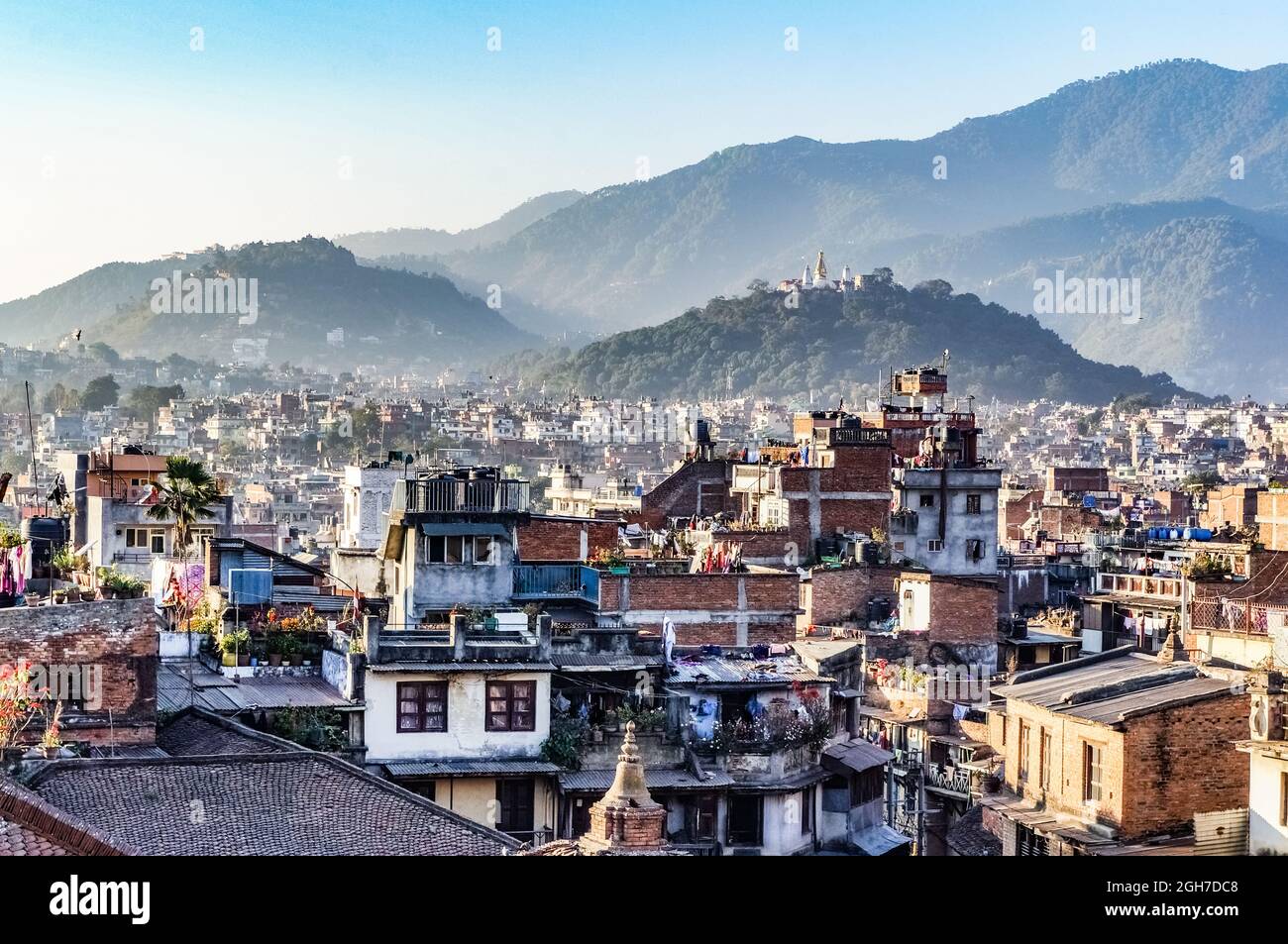 The skyline of Kathmandu city, with Swayambhu hill on the background