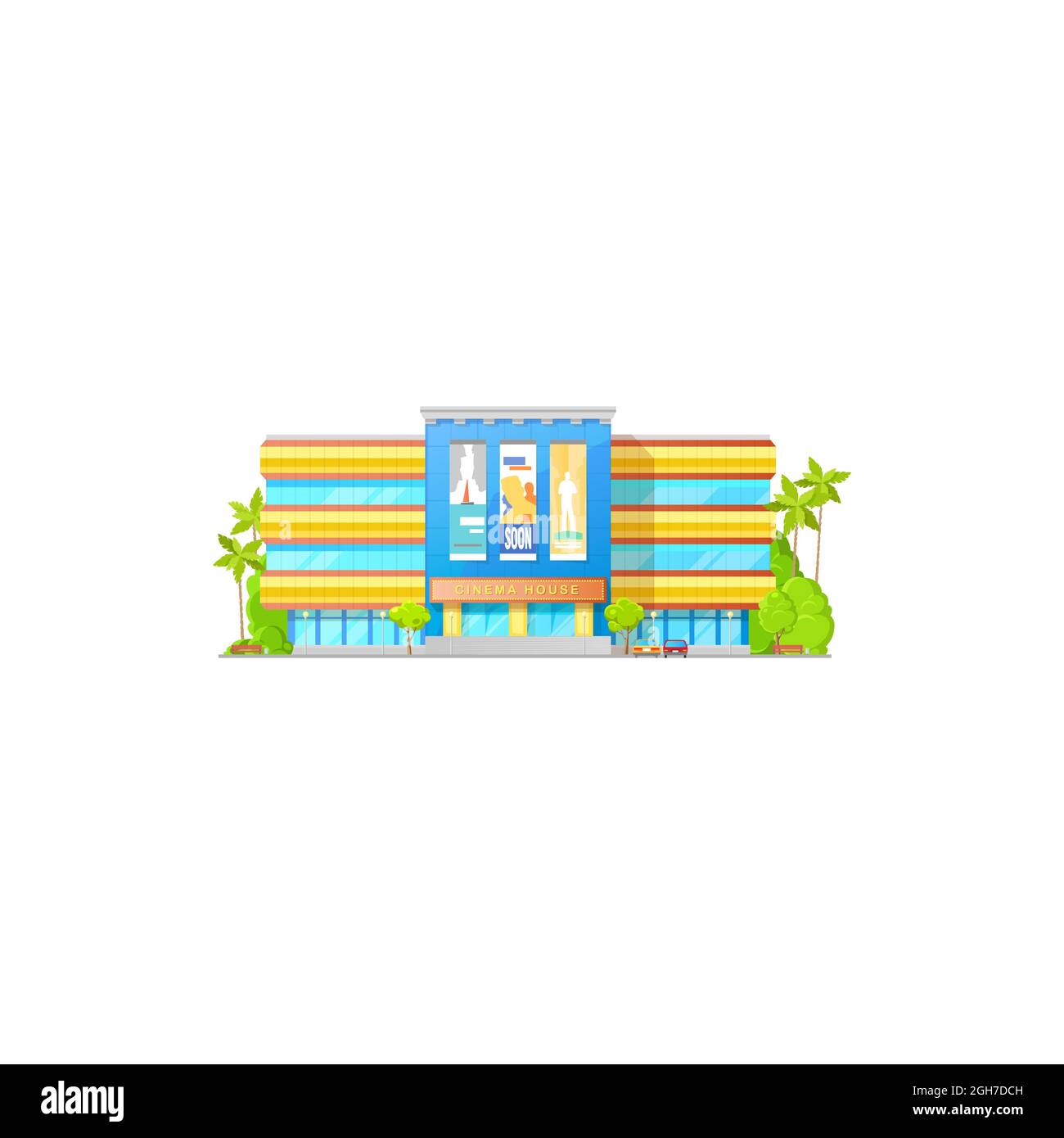 Cinema theater or movie hall, house building icon, vector entrance front with billboards. City cinema and modern entertainment movie theatre exterior Stock Vector