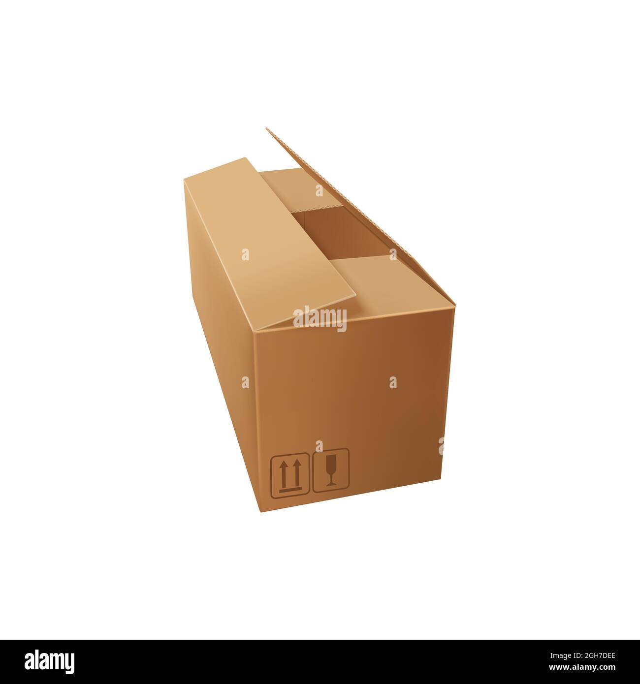 Blank paper box isolated cardboard package with fragile sign and top arrows icon. Vector