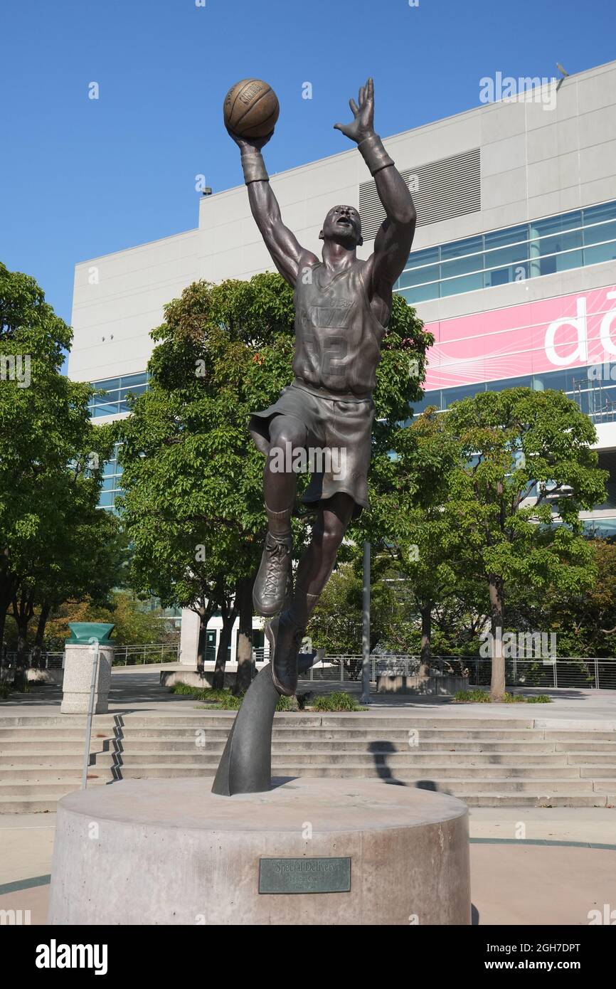 A statue of former Utah Jazz player Karl Malone at Vivint Smart Home Arena, Sunday, Sept. 5, 2021, in Salt Lake City. Stock Photo