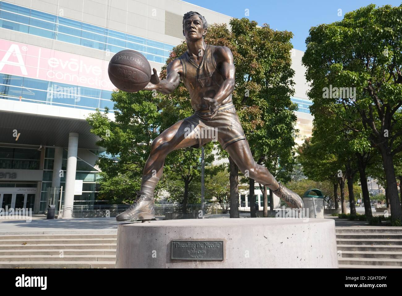 A statue of former Utah Jazz guard John Stockton at Vivint Smart Home Arena, Sunday, Sept. 5, 2021, in Salt Lake City. Stock Photo