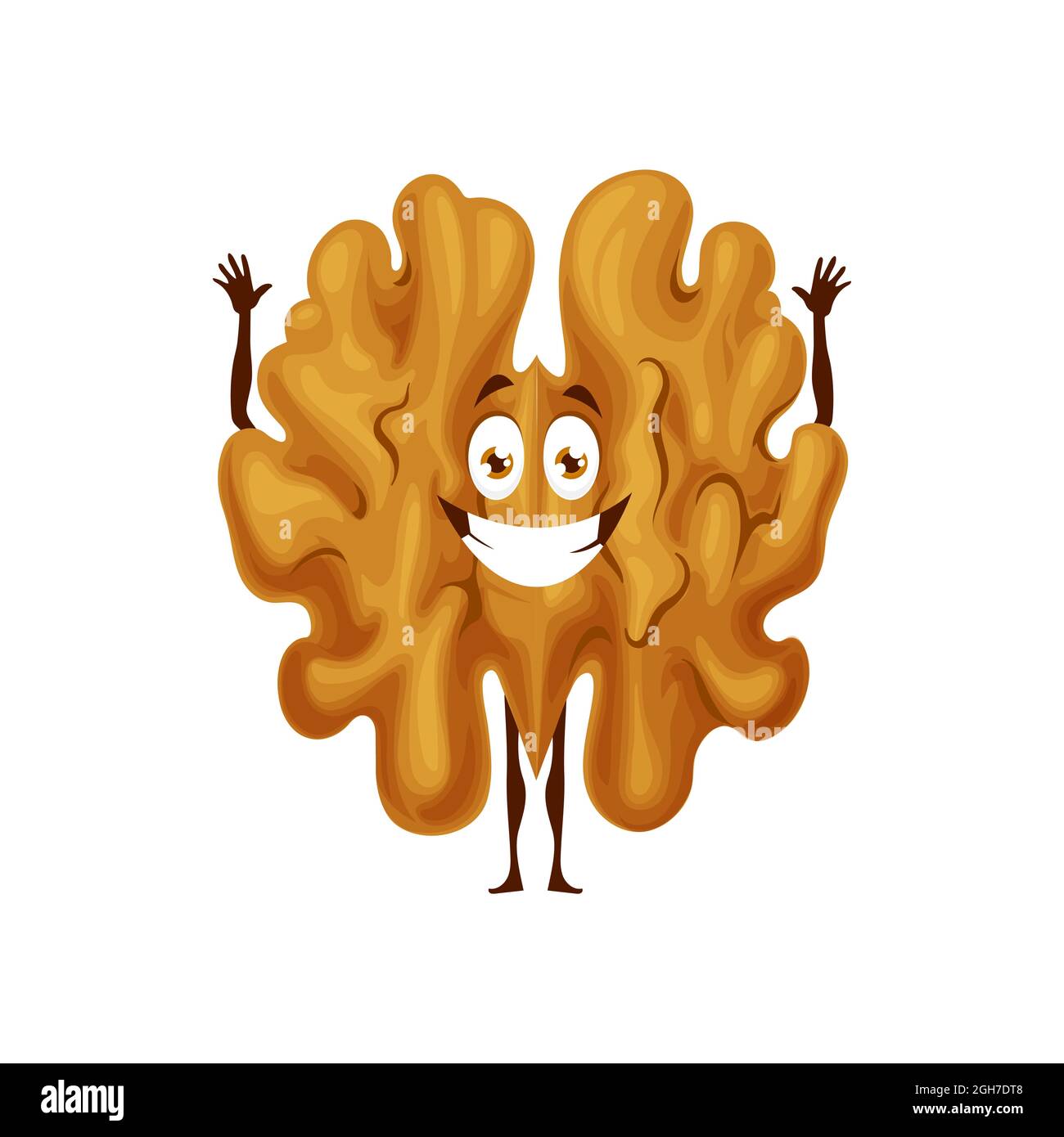 Walnut kernel smiling emoticon with hands up isolated flat cartoon
