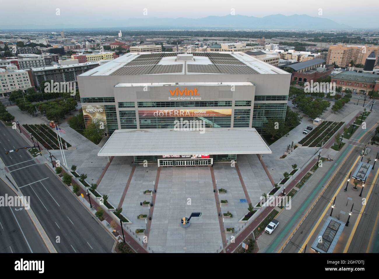 An aerial view of Vivint Smart Home Arena, Sunday, Sept. 5, 2021, in Salt Lake City. The venue is the home of the Utah Jazz of the NBA. Stock Photo