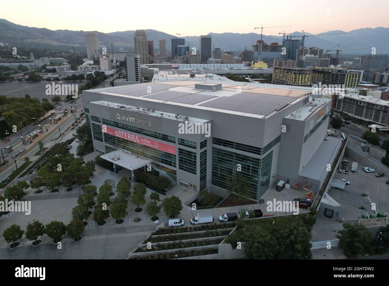 An aerial view of Vivint Smart Home Arena, Sunday, Sept. 5, 2021, in Salt Lake City. The venue is the home of the Utah Jazz of the NBA. Stock Photo